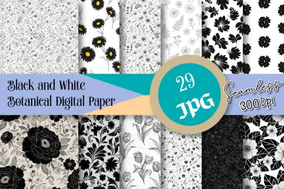 Black and White Botanical Digital Paper
