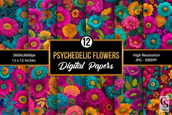 Bright Psychedelic Flowers Digital Paper