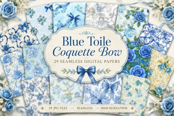 Discover the Elegance of Blue Toile Coquette Bow Seamless Pattern Set
