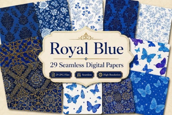 Experience the Allure of Vintage Sophistication with the Royal Blue Seamless Digital Bundle