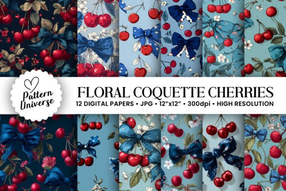Floral Coquette Cherries Digital Papers