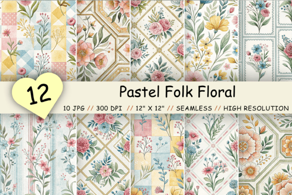 Pastel Folk Floral Digital Paper