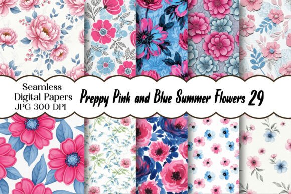 Preppy Pink and Blue Summer Flowers