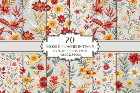 Red Gold Flowers Botanical Seamless