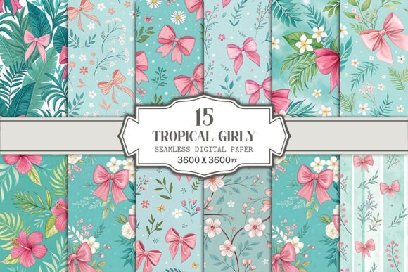 Tropical Girly Seamless Digital Paper and Teal Pink Floral Bow Seamless Pattern Bundle: A Creative Essential