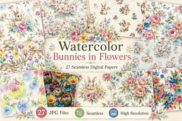 Watercolor Bunnies in Flowers Digital